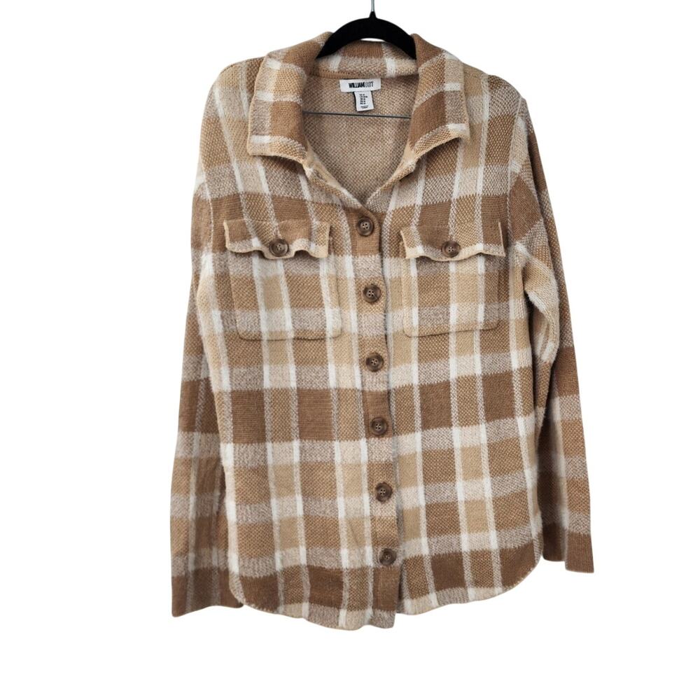 WILLIAM RAST Brown Tan Plaid Button Down Cardigan Sweater Womens Size Medium M